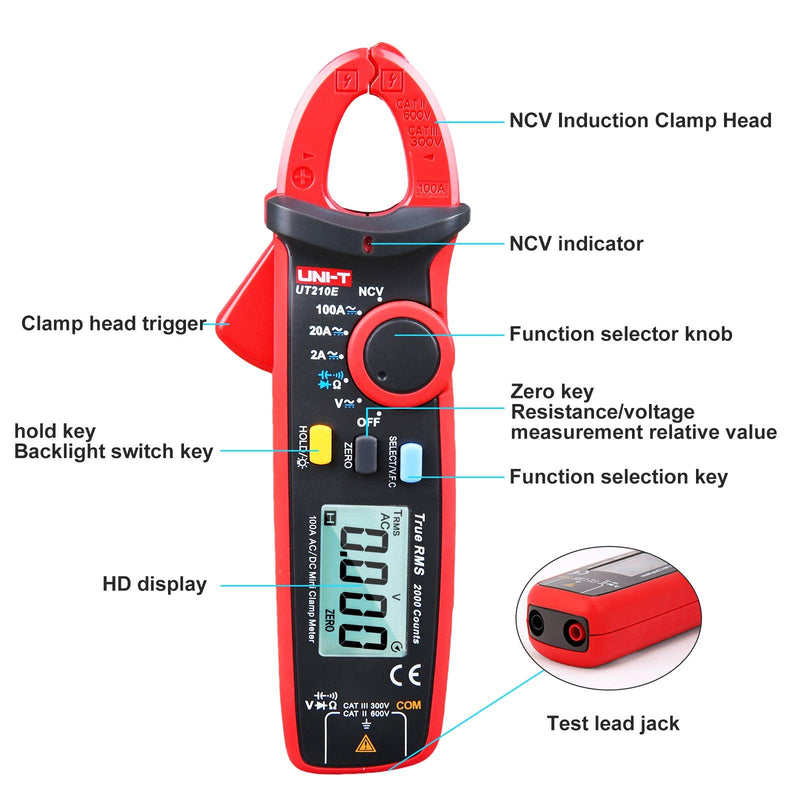 UNI-T UT210E Mini Digital Clamp Meter 100A AC DC Current Voltage True RMS Pliers Ammeter Resistance, Capacitance, Diode Tester Multimeter with Alligator Clip UT210-Combination