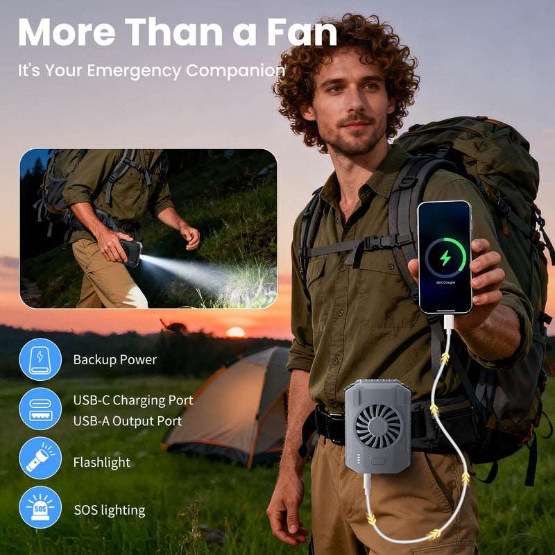 AI Portable Fan Rechargeable, 10000mAh Waist Fan with Flashlight [18H Working Time], 3 Speeds Strong Airflow Wearable Personal Clip on Shirt for Outdoor, Jobsite, Farms, Traveling, Fishing Grey