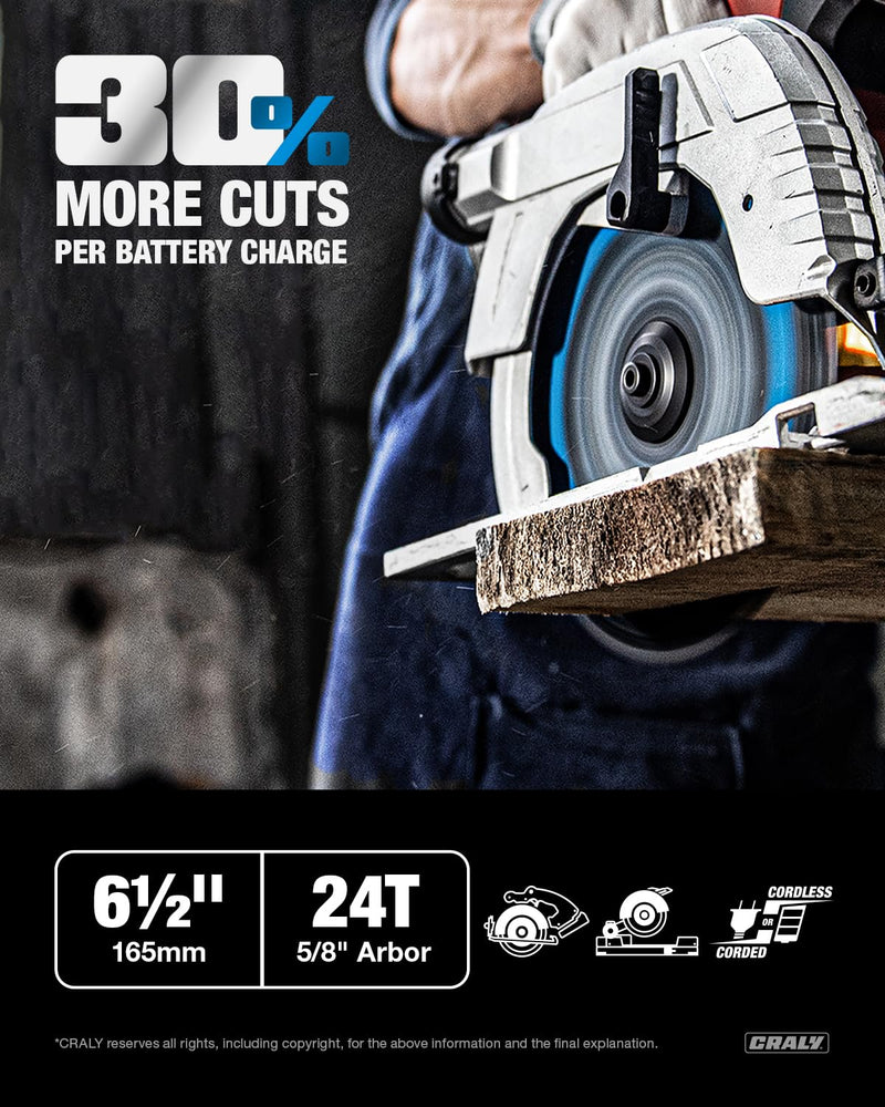 CRALY 6-1/2 Inch 24 Teeth Wood Cutting Framing Circular Saw Blade, 5/8 Inch Arbor, Carbide Tipped, Thin Kerf, Black Ice Coating, for Plywood, MDF, OSB, Laminated(C0624FR) 6-1/2'', 5/8'' arbor, 24T
