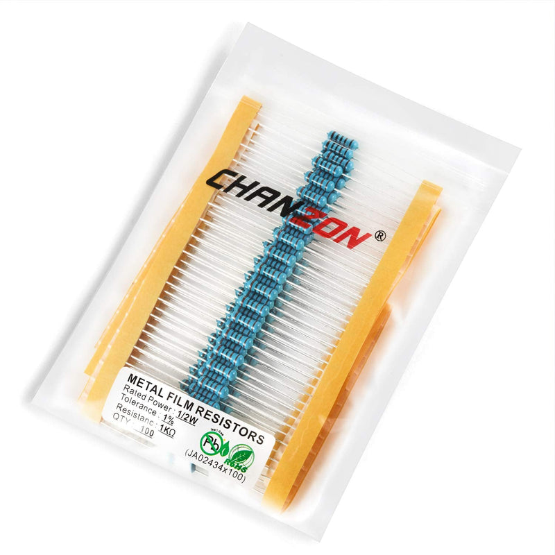 Chanzon 100pcs 1/2W (0.5W) 1K Ω ohm Metal Film Fixed Resistor 0.01 ±1% Tolerance 1KR MF Through Hole Resistors Current Limiting Rohs Certificated [1-2ZC11] 1K ohm