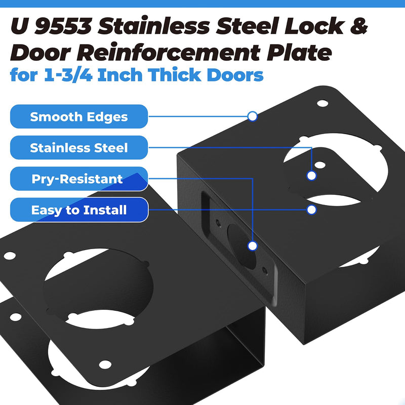 Black U 9553 Stainless Steel Lock and Door Reinforcement Plate for 1-3/4 in Thick Doors, Stainless Steel Finish for Reinforcing and Repairing Doors - 2 Pack