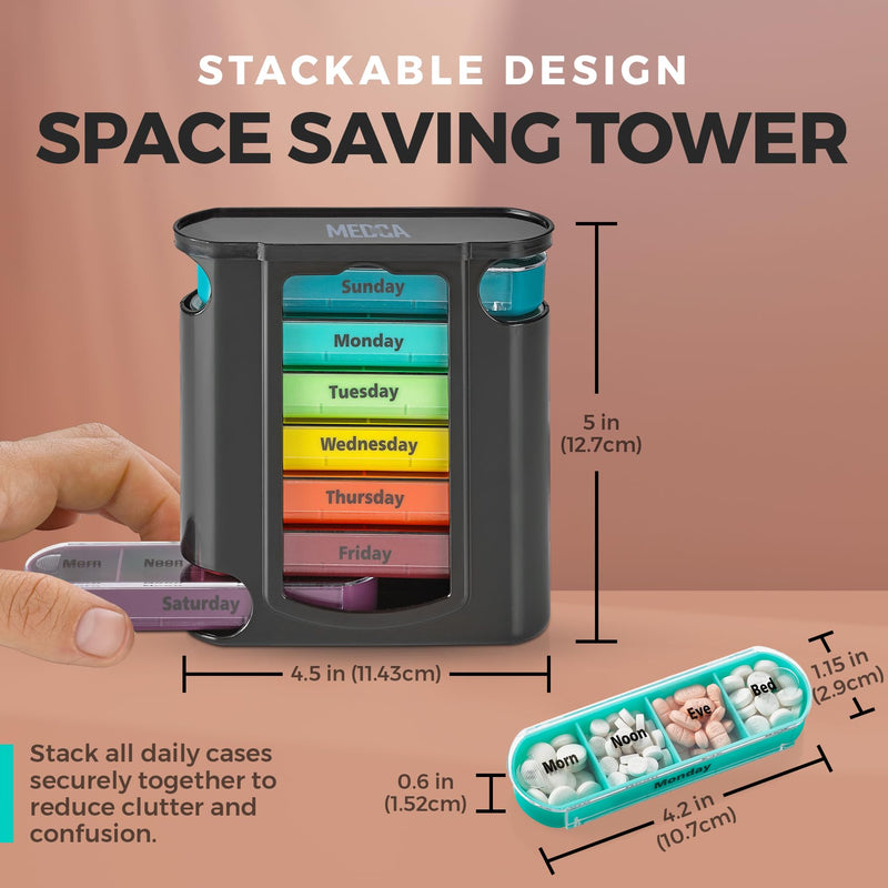 Weekly Pill Organizer, 1 Dispenser, 7 Stackable Compartments Four Times-a-Day - Morning, Noon, Evening, and Bedtime, Black 1 Count (Pack of 1)