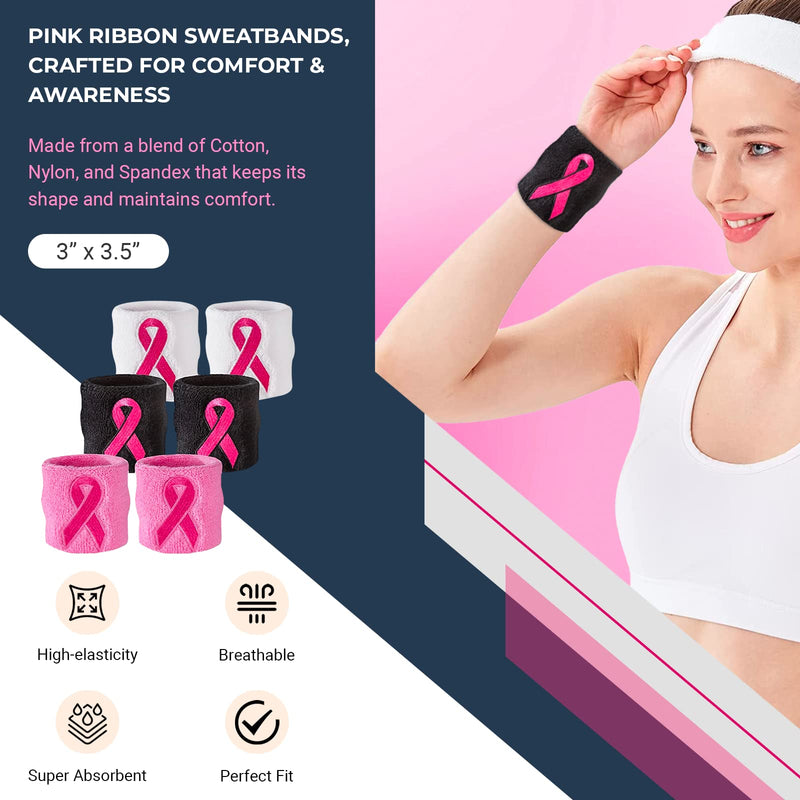 Suddora Pink Ribbon Wristbands - Bulk Breast Cancer Awareness Sweatbands