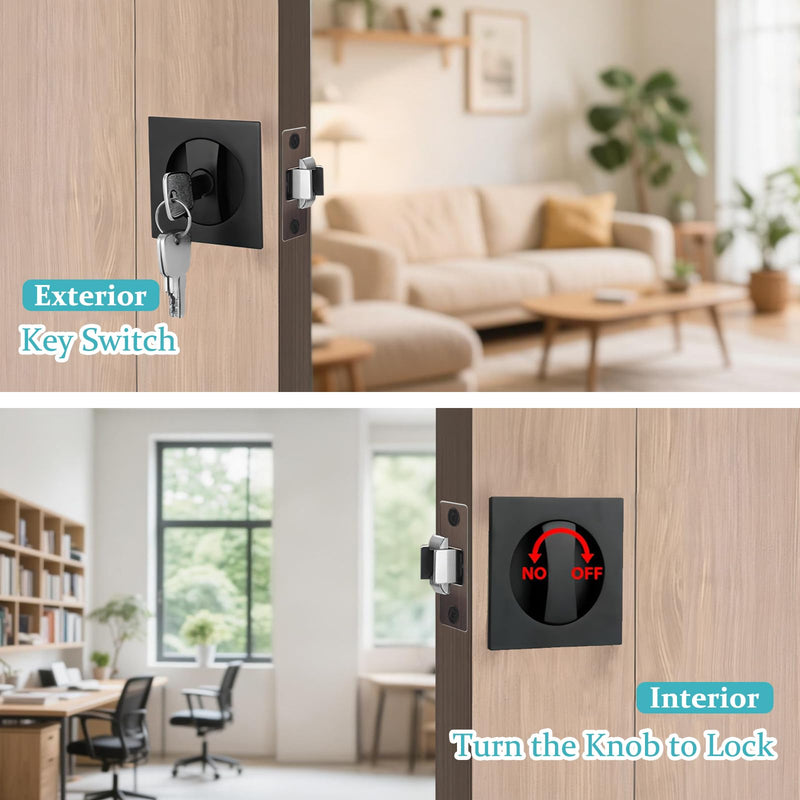 Pocket Door Lock with Key, Matte Black Sliding Door Hardware Privacy Door Latch Bifold Door Locks for Bathroom Bedroom Home Replacement, Fit for Standard Doors with 1" Diameter Holes
