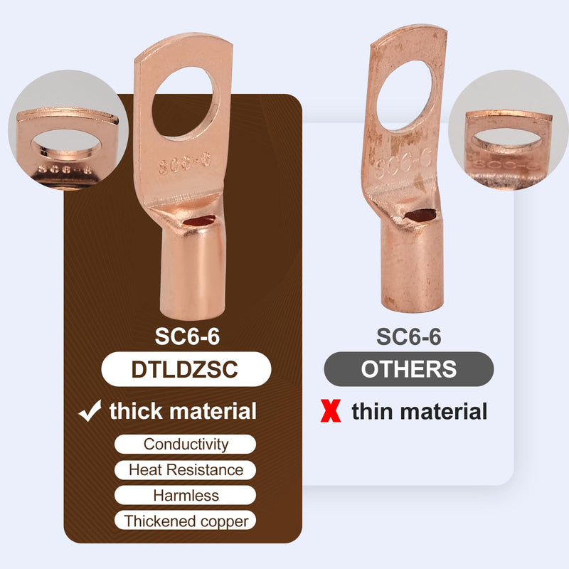 Thick Copper Electric Wire Lugs,20Pcs Bare Copper Gauge 12-10Awg-1/4(M6) Ring Heavy Duty Battery Cable Lugs Ends Ring Terminals Connectors with 20Pcs 3:1 Heat Shrink Tubing Assortment Kit 12-10Awg-1/4"(M6)Ring
