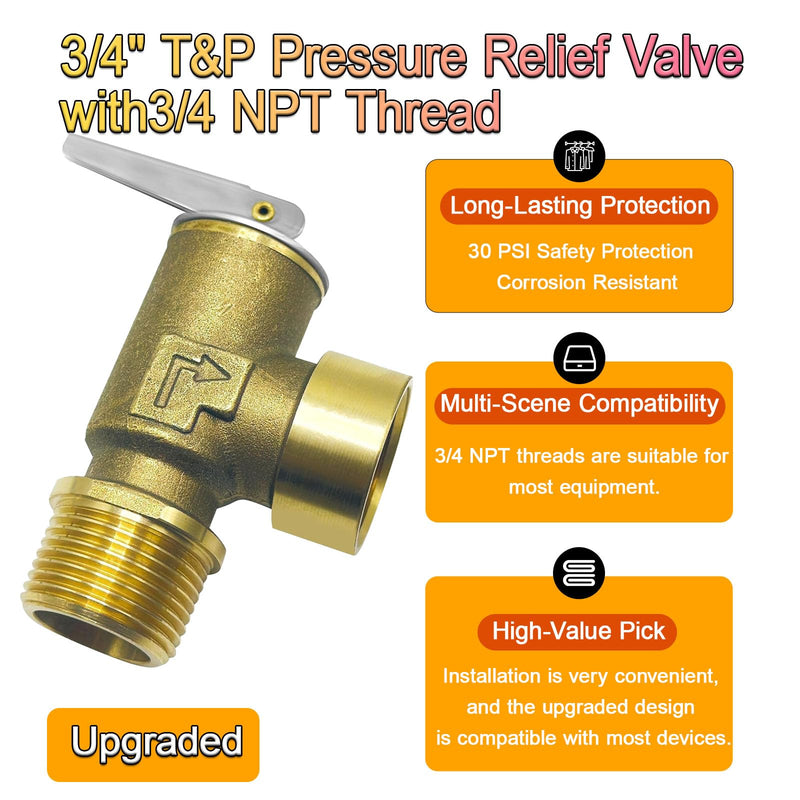 Upgraded 3/4" T&P Pressure Relief Valve with 3/4 NPT Thread for Hot Water Heater- 30 PSI ，Pressure Relief Valve for Boiler Water Heater&Cold Water Systems& Water storage Tanks 3/4"with 30PSI