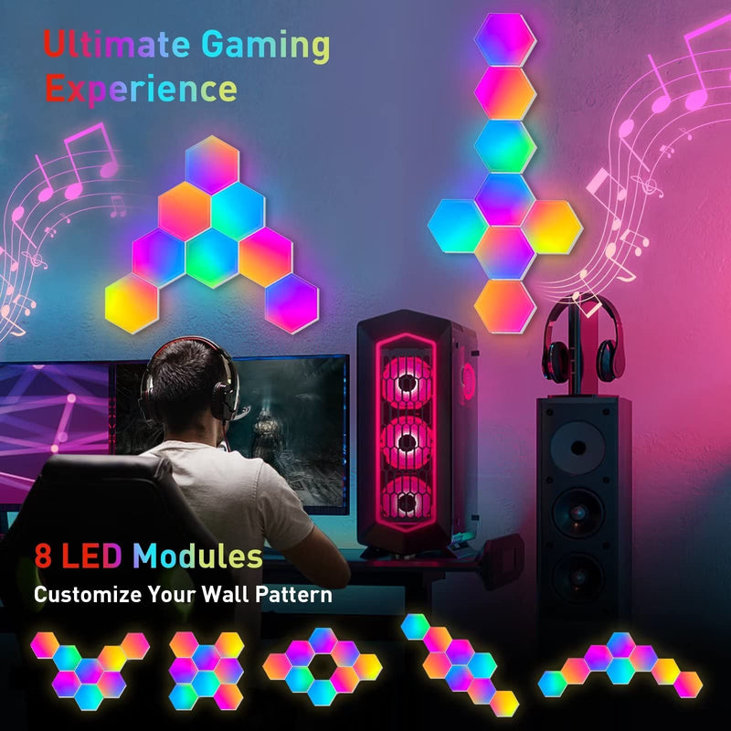 Hexagon Lights (8 Pack) LED Wall Panels, TISOFU RGB Gaming Lights with APP, Smart Modular Panel Hex Tiles Push Glide Expansion Shapes Lights 8 Pack