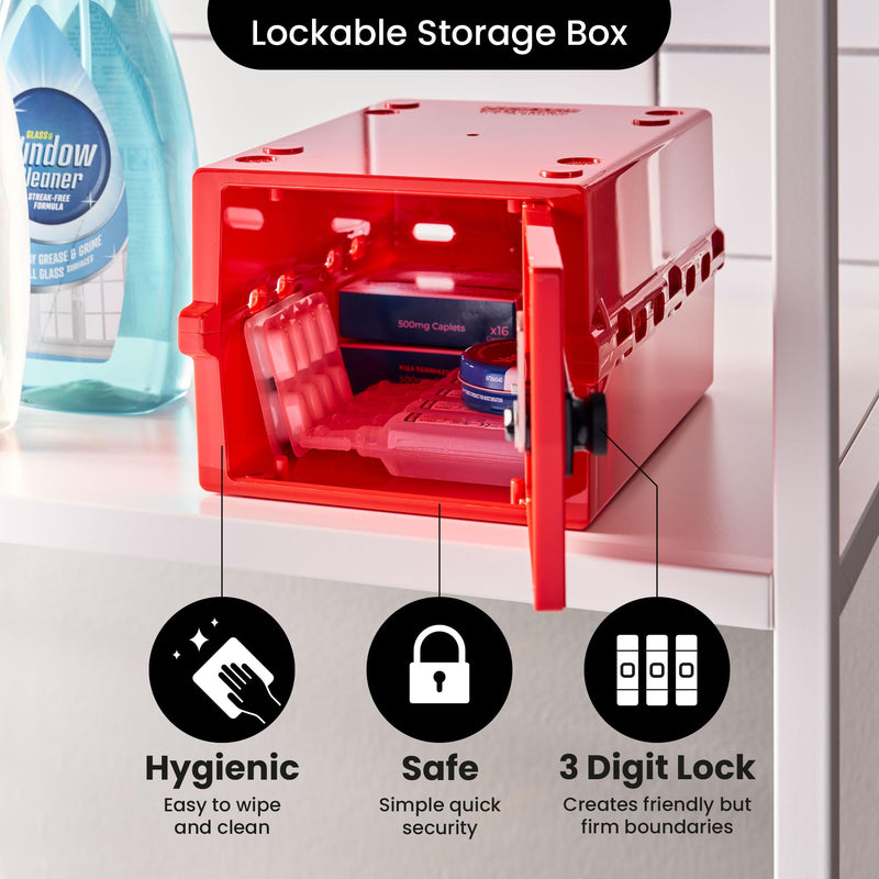 Lockabox Mini™ | Small Medicine Lock Box with Combination Lock (Half Letter Sized) | Mini Medical Lockable Box For Tablets, Creams & Medical Pens | External Size 8.8 x 6.1 x 4.7 Inches (Medi Red) Medi Red