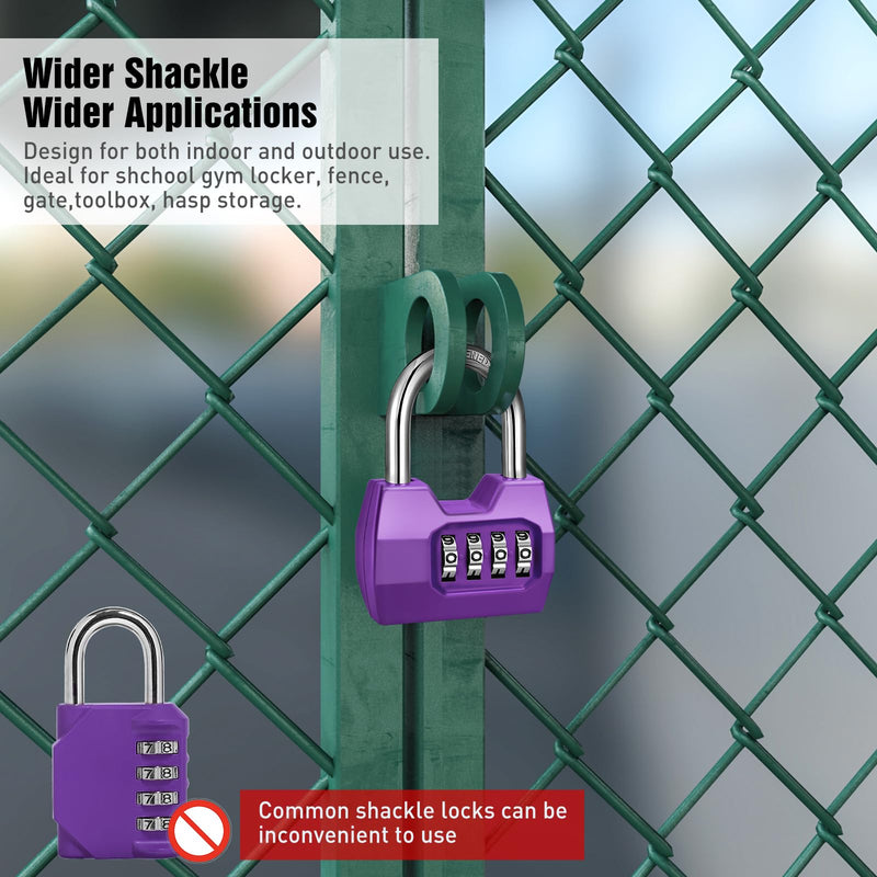 1 Pack disecu 4-Digit Combination Locker Lock, Wide Shackle Waterproof Outdoor Padlock for School Gym Locker, Sports Locker, Fence, Gate, Shed, Storage Unit (Purple) 1 Pack Purple
