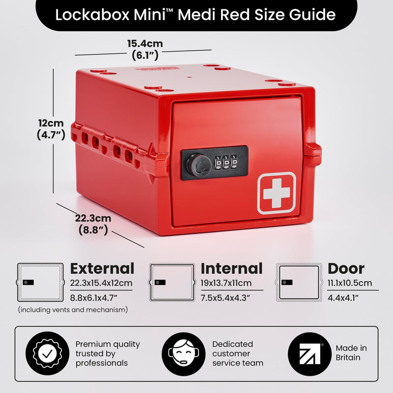 Lockabox Mini™ | Small Medicine Lock Box with Combination Lock (Half Letter Sized) | Mini Medical Lockable Box For Tablets, Creams & Medical Pens | External Size 8.8 x 6.1 x 4.7 Inches (Medi Red) Medi Red
