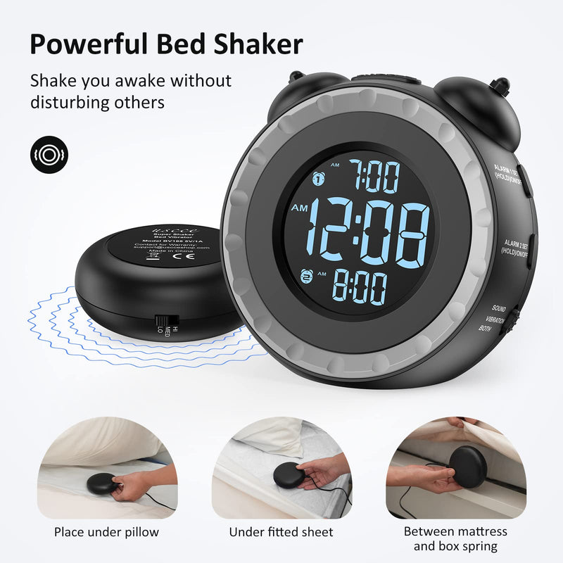 uscce Loud Dual Alarm Clock with Bed Shaker - 0-100% Dimmer, Vibrating Alarm Clock for Heavy Sleepers or Hearing Impaired, Easy to Set, USB Charging Port, Snooze, Battery Backup Black