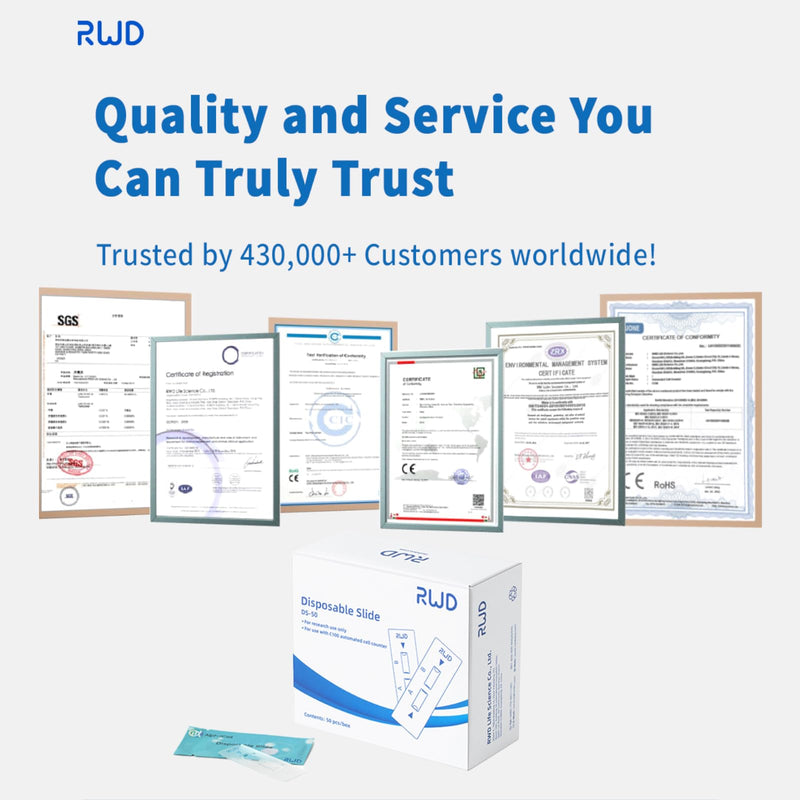 RWD DS-50 High Precision Hemocytometer, Disposable Cell Counter Slides, 10 µl Capacity Digital Hemocytometer Cell Counting Chambers, Fit for RWD C100, Thermo Fisher Countess, Nanoentek EVE(50 Pcs/Box)