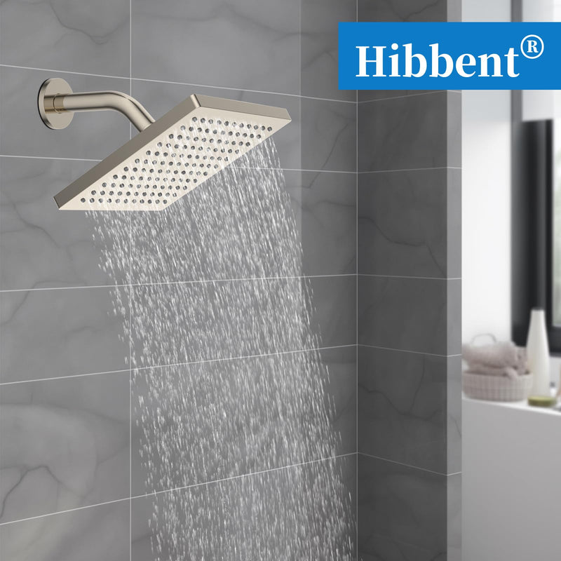 Hibbent cUCPC Certified Metal Shower Head, 8'' High Pressure Rainfall Shower Head, Bathroom Waterfall Shower Heads, High Flow Fixed Showerheads with Adjustable Brass Ball Joint, Brushed Nickel Square 8''