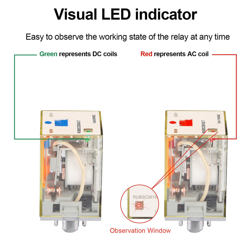 Power Relay MK2P-I Type RUB2C2615LT, AC 120V Coil, 8Pin 2NO 2NC DPDT, with LED Indicator Light and Test Button, Plug-in Terminal Socket Base, UL Certification (AC 110V) AC 110V