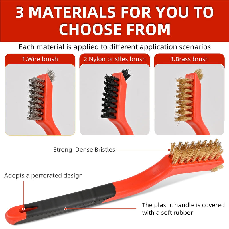 3pcs Wire Brushes for Cleaning Rust, Upgrade Wire Brush Set - Brass/Stainless Steel/Nylon Bristles, Small Metal Wire Brush with Curved Handle Grip, Wire Brushes for Paint and Stain, 7 Inches