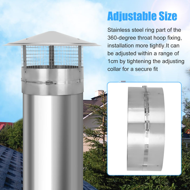 8Inch Chimney Cap,8 Inch Adjustable Stainless Steel Chimney Cap,304 Steel Round Rain Cover with Mesh Screen,Universal Cone Top Roof Cap for Wood/Oil Stove Vent,Weatherproof & Easy Installation,Silver Silver 8 INCH