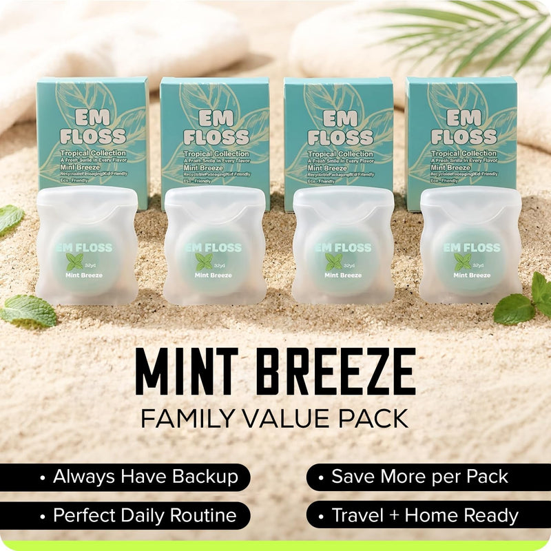 Waxed Expanding Dental Floss, Family Value Pack (Mint Breeze, 4 Pack), Coconut Oil Infused, Smooth Glide for Sensitive Gums, Strong & Shred Resistant, for Adults & Kids Mint Breeze 98 Foot (Pack of 4)