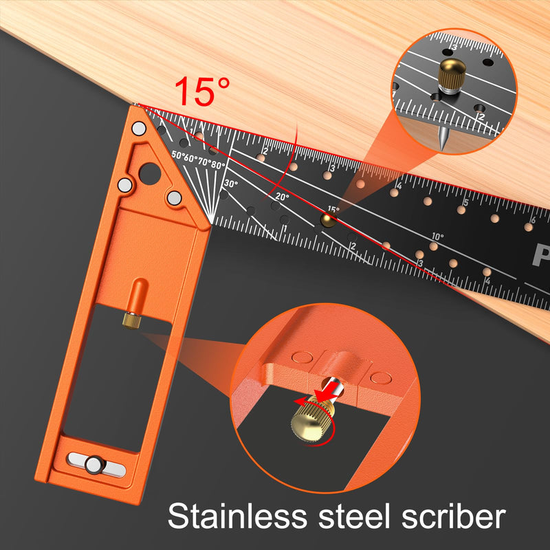 12” Woodworking Square Ruler - Preciva Right Angle Ruler Carpenter Square Layout Tool, Features Stainless Steel Blade, Retractable Ledge, 1/16” and 1/32” Notch Spacing and Multi-Angle Scribe Mark