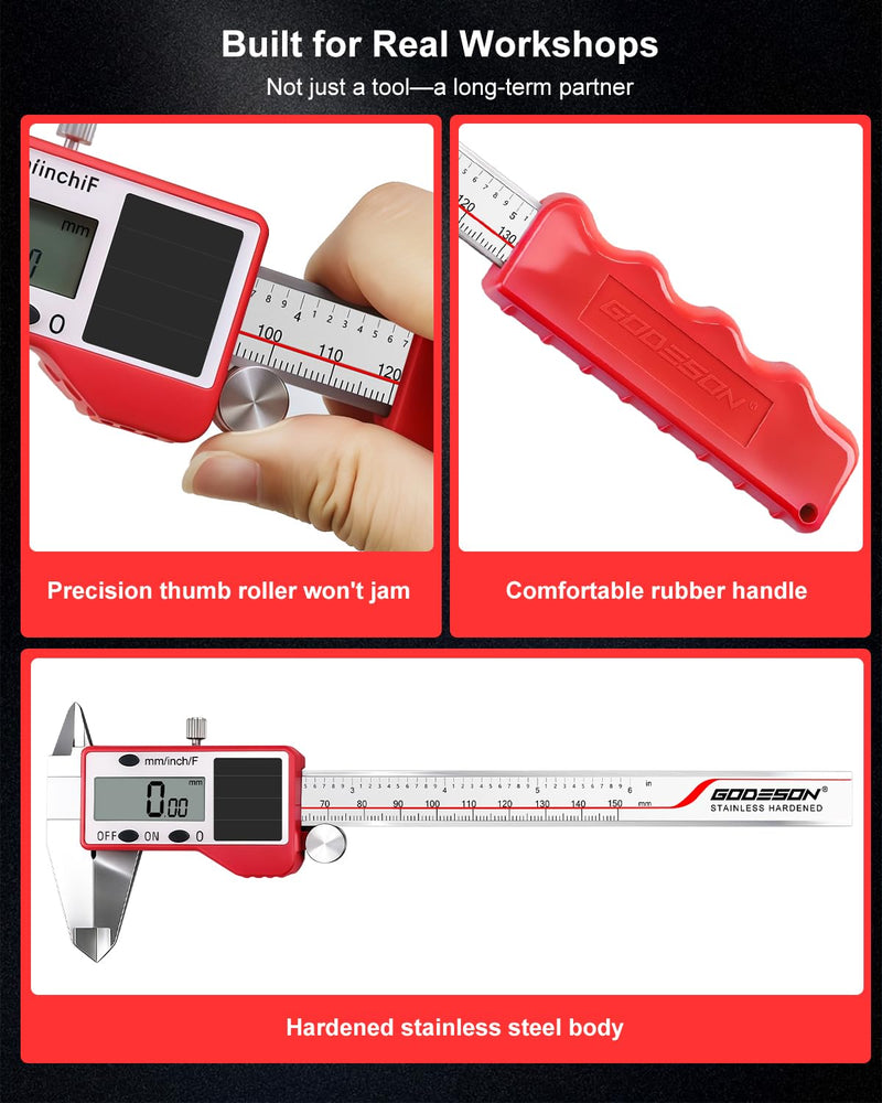 GODESON Solar Powered Digital Caliper, 6“ Digital Calipers with 0.001" Accuracy Stainless Steel, 3 Units Inch/mm/Fraction, 5 Modes Including Differential, for DIY Woodworking Metalworking 3D Printing