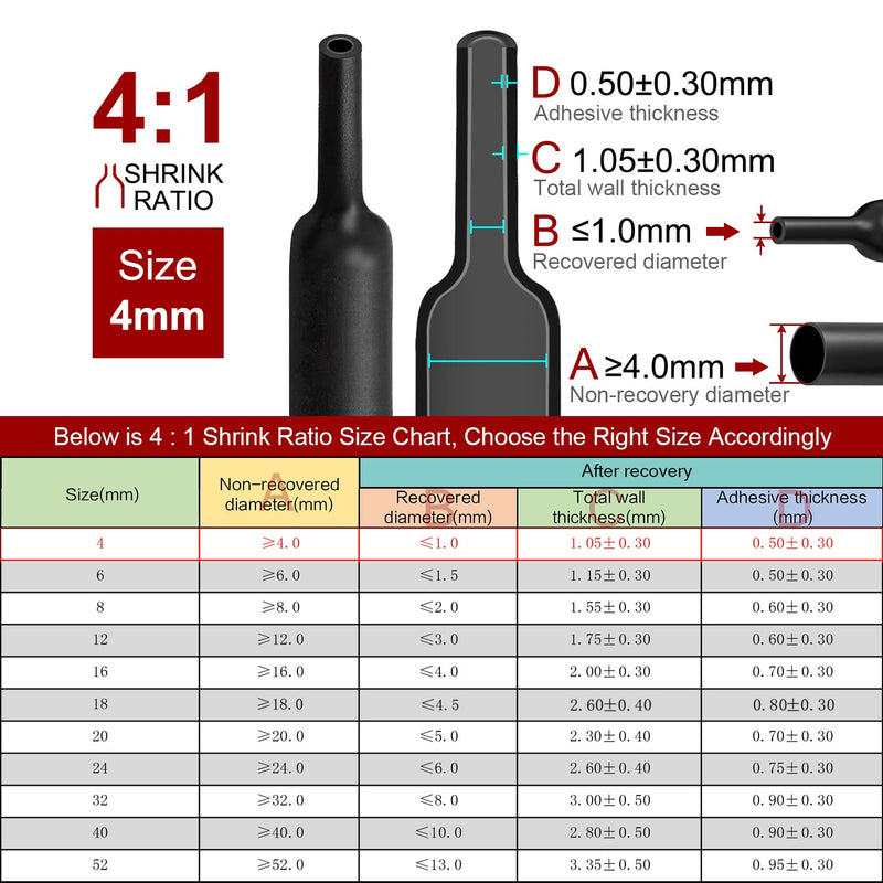 Chanzon 4:1 Ratio 5/32" (4mm) Heat Shrink Tubing - Marine Grade Waterproof Adhesive Lined - 8Ft Roll (2.5M Total Length) Black Polyolefin Sleeving Wrap Shrinking 4 to 1 Ratio 1pcs 4mm (5/32") - 8FT