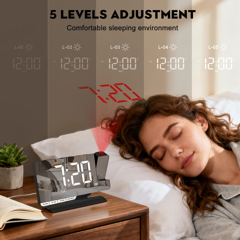 SZELAM Digital Clock,Alarm Clock Bedside with Projection,7.3" Mirror Clock with 180°Rotating Projector,Dual Alarm with 3 Mode,Brightnee Adjust,DST,Snooze,Charging Port,5 Levels Volume for Desk Teens Black