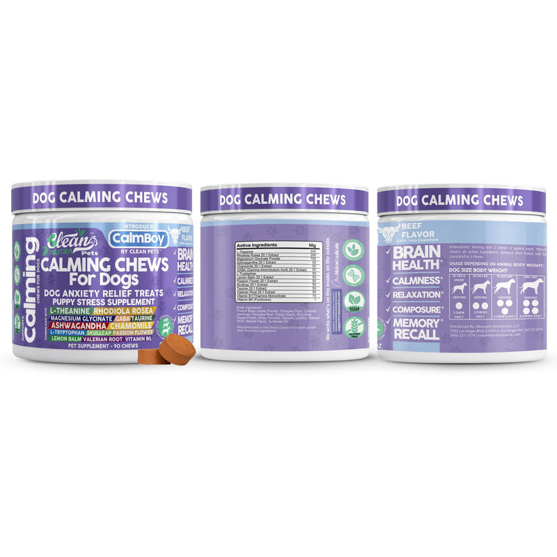 Clean Nutra Calming Chews for Dogs, Dog Anxiety Relief Supplement, L Theanine Ashwagandha Rhodiola GABA Magnesium Valerian Natural Ingredients, 90 Chews, Beef Flavor