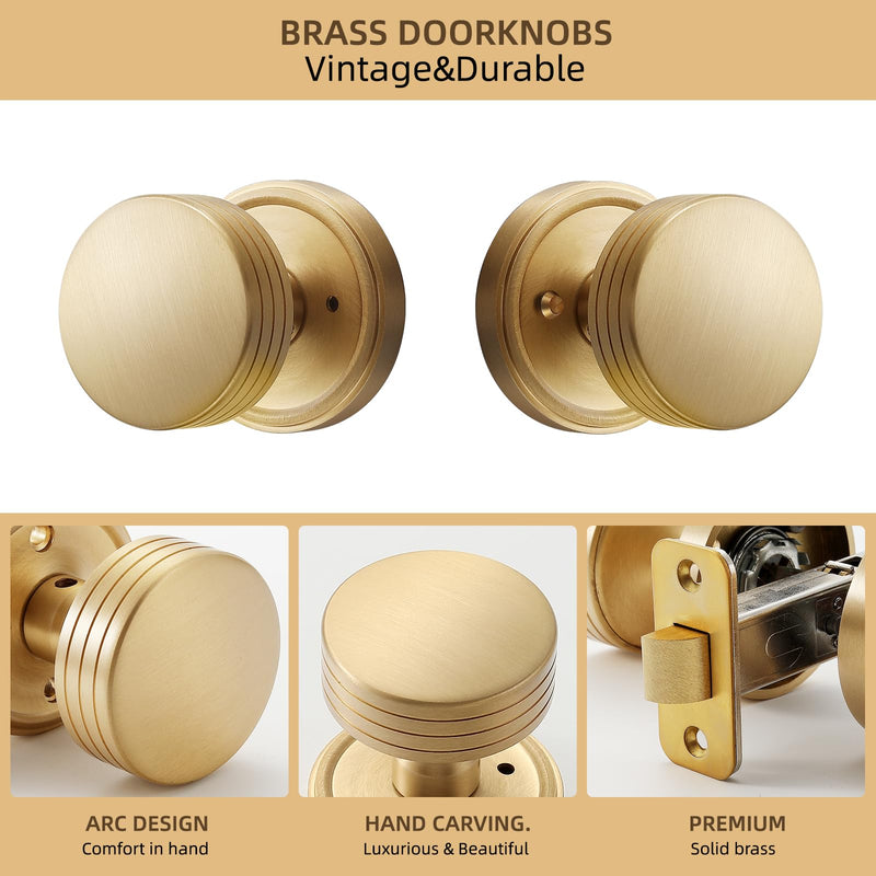 Minimalist Brass Privacy Door Knob – Decorative Groove Design, Brushed Brass Finish, Solid Brass Latch – 70mm Fixed Backset for Bedroom & Bathroom (Brushed Brass, Privacy-2.75 in)