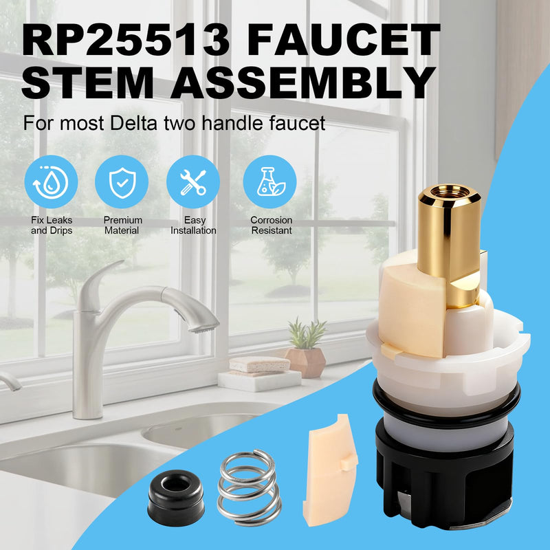 8 Pack RP25513 Faucet Stem Assembly, Compatible With Delta Two Handle Faucet and RP24096 Faucet Cartridge, for Bathroom/Kitchen/Sink Faucet Repair kit, with RP4993 Seat and Spring 8