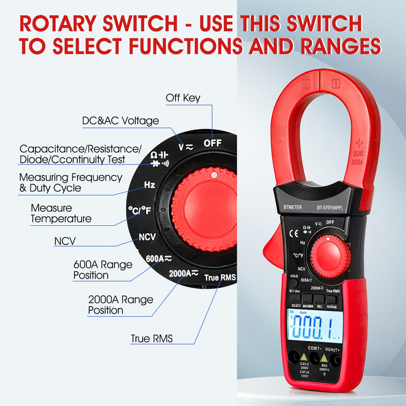 BTMETER Digital Clamp Meter Multimeter, 6000 Counts Bluetooth Multimeter, 2000A AC/DC Amp Tester, Measures Voltage, Ohms, Capacitance, Frequency, Temperature, NCV with Data Logging 570Y-APP