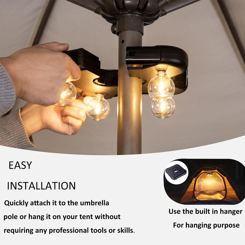 Umbrella Lights Outdoor Patio, Battery Operated Patio LED Umbrella Light with G40 Bulbs, 3 Brightness Cordless Umbrella Pole Lights for Backyard Umbrellas Camping Tents BBQ or Indoor Use 4 Bulbs Umbrella Lights Battery Operated