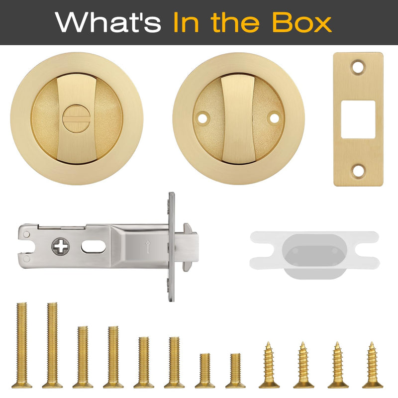 EHOMEWARE 2 Pack Brushed Gold Pocket Door Lock, Keyless Pocket Door Hardware, Round Pocket Door Handles for Sliding/Bifold Doors, Flush Pocket Door Privacy Lock Privacy Door Lock-2 Pack Satin Brass