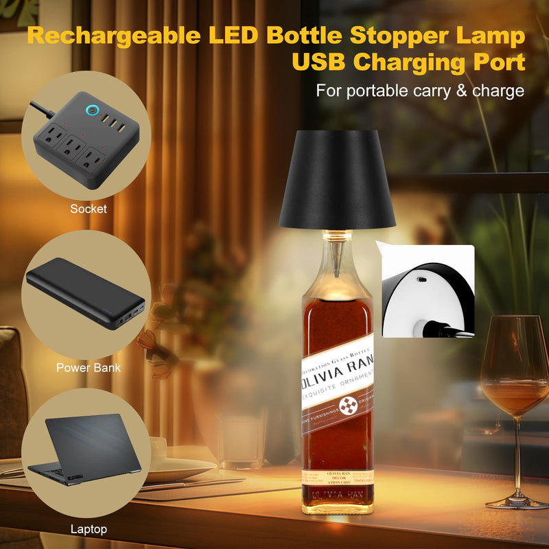 Wireless Bottle Lamp, 2024 New 3 Color Rechargeable Wine Bottle Lights for Bars Restaurants (Black, 1PC) Black