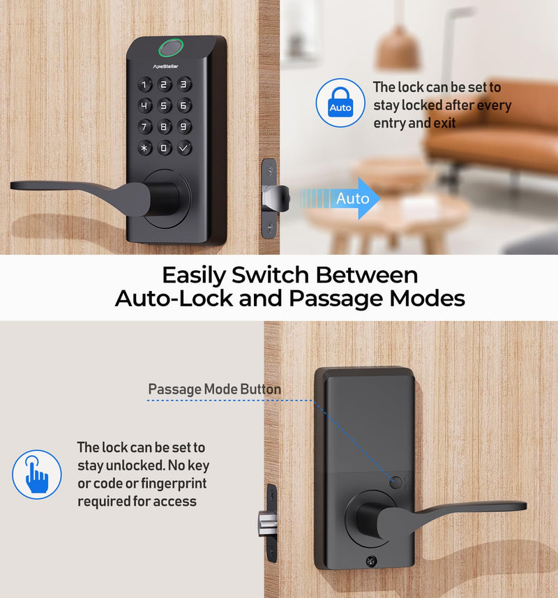 Fingerprint Keyless Entry Door Lock, Biometric Door Knob with Handle, Keypad Digital Code Lock for Front Door, Superior Durability & Voice Guidance, Matte Black