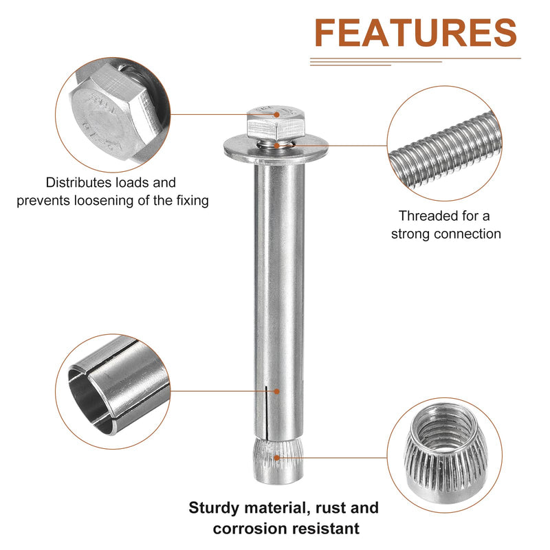 M8 x 80 Hex Expansion Bolts - 5Pack - Good for Concrete Dry Brick Block Walls - 304 Stainless Steel - Silver M8 x 80 5