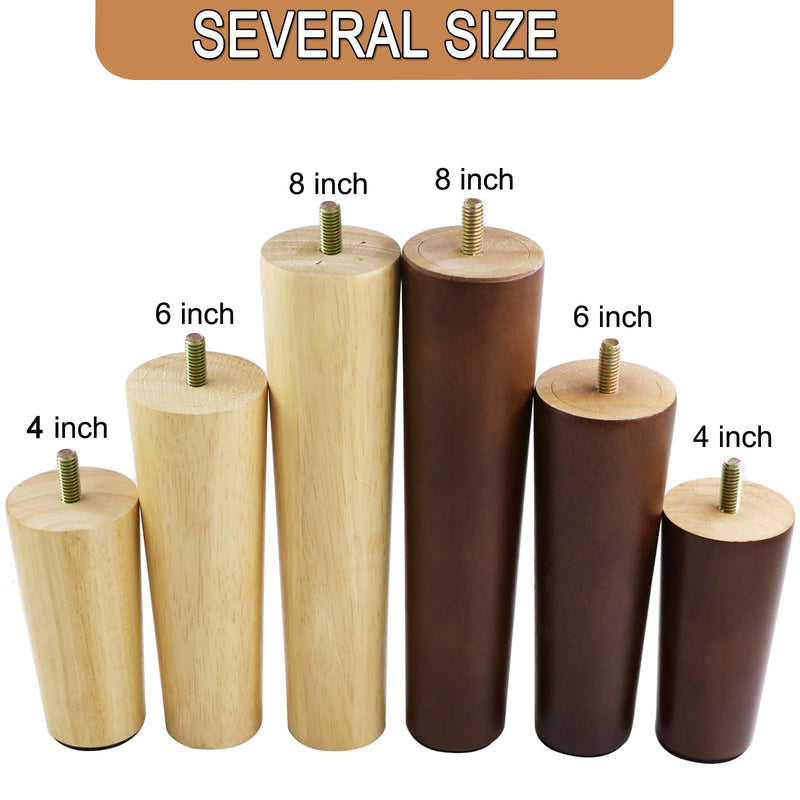 6 Inches Round Solid Wood Furniture Legs Set of 4, Brown Wooden Replacement Feet with Threaded 5/16'' Hanger Bolts for Sofa, Couch, Armchair, Cabinet, TV Stand, Ottoman and Dresser Round 6 inch (Brown)