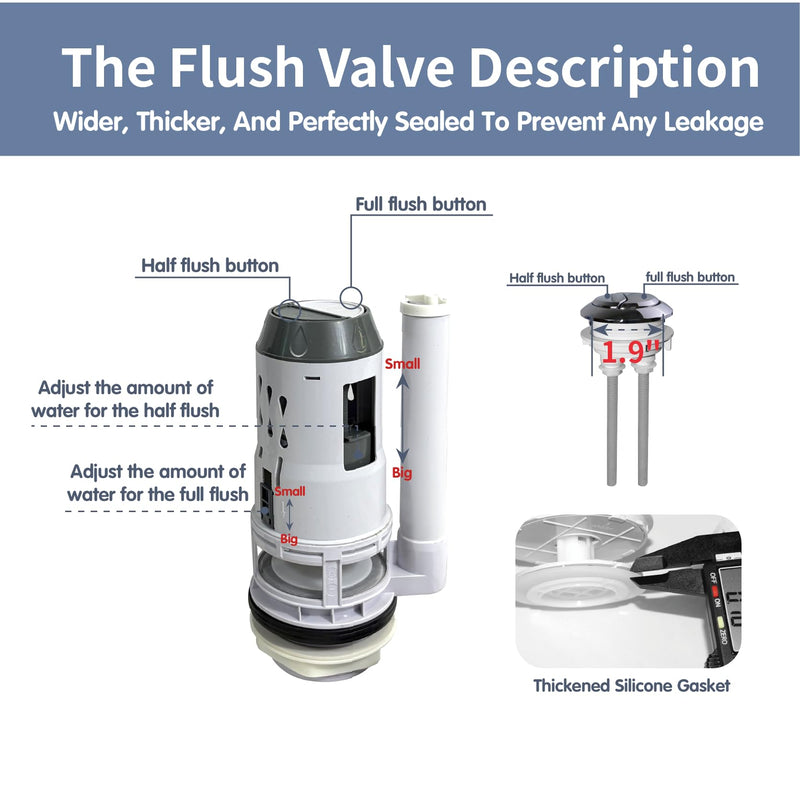 3-Inch Dual Flush Valve Replacement Kit,Universal for 2-Piece Toilets,Has Flush Valve, Fill Valve,Button,Bolt,Gasket. Compatible with Glacier Bay, American Standard,Aquasource and More Fits 3-inch drain holes