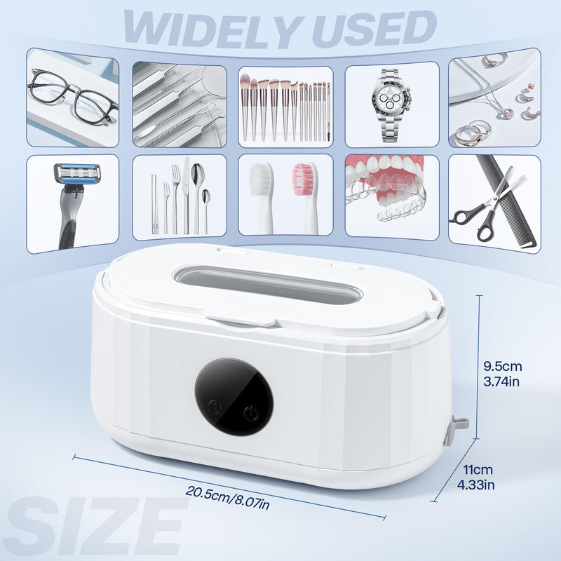 Ultrasonic Jewelry Cleaner,49Khz Ultrasonic Cleaner Machine with Blue Light | Ultrasonic Jewelry Cleaner For Dentures,Retainers, Eyeglasses, Watch,Braces,Rings, Jewelry, 5 Cleaning Modes and LED Display White