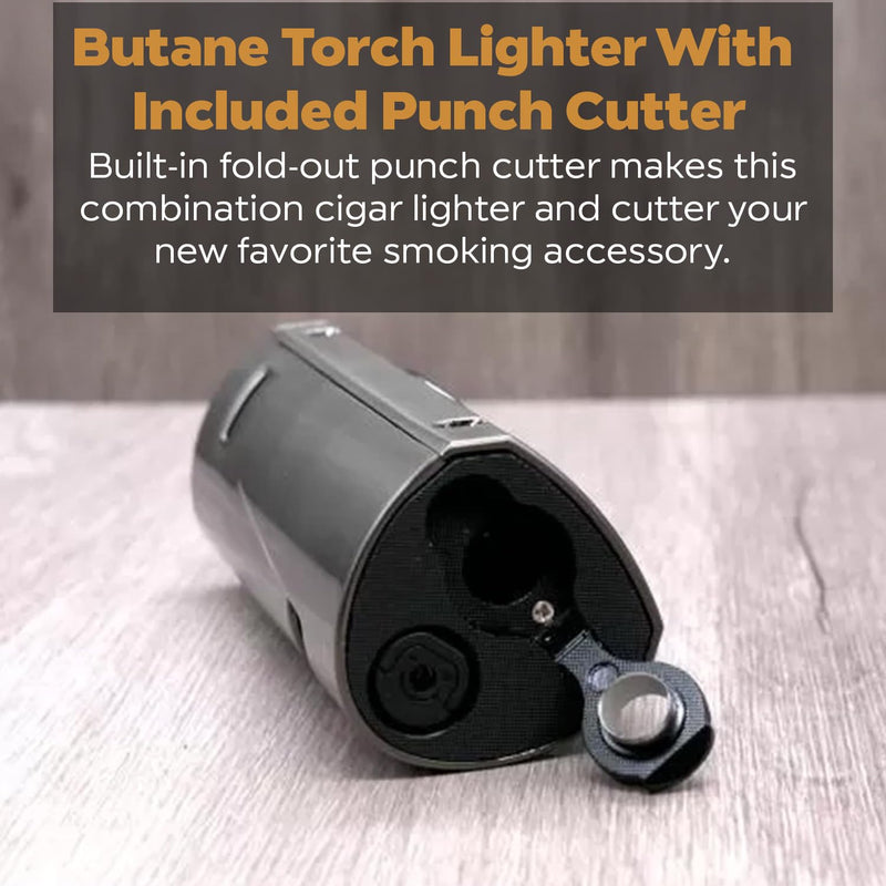Hammersmith Howitzer Table Butane Torch Lighter for Cigars and Cigarettes, Refillable Lighters, Cigar Torch with Fold-Out Punch Cutter, Push-Button Ignition, & Flame Adjustment - Gunmetal