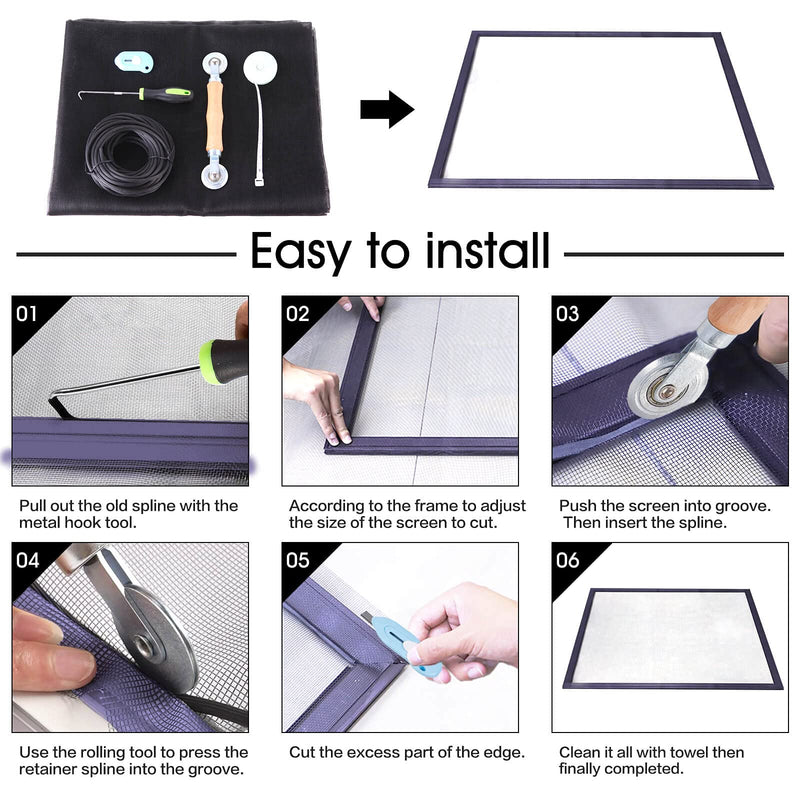 Windows Screen and Screen Door Repair Kit, 48"x118" Charcoal Fiberglass Mesh with Rolling Tool/Hook/Ruler/Cutter/Spline - Window Screen & Sliding Screen Door Replacement for Windows, TOOLTRIZ 48" x 118" Black