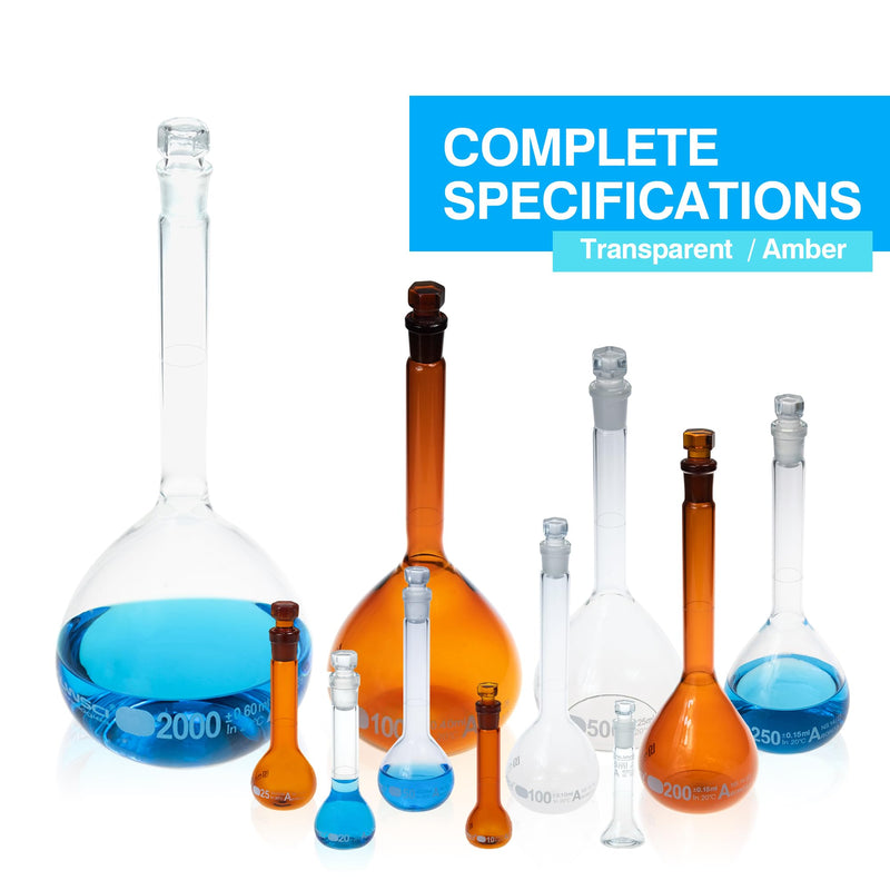 ALWSCI 2PCS 200ML Volumetric Flask, Class A, Glass Stopper for Laboratory | 3.3 borosilicate amber glass,Tolerance±0.15ml,NS14/23,ASTM-E288,autoclavable,chemical durable 200ml Amber Volumetric Flask