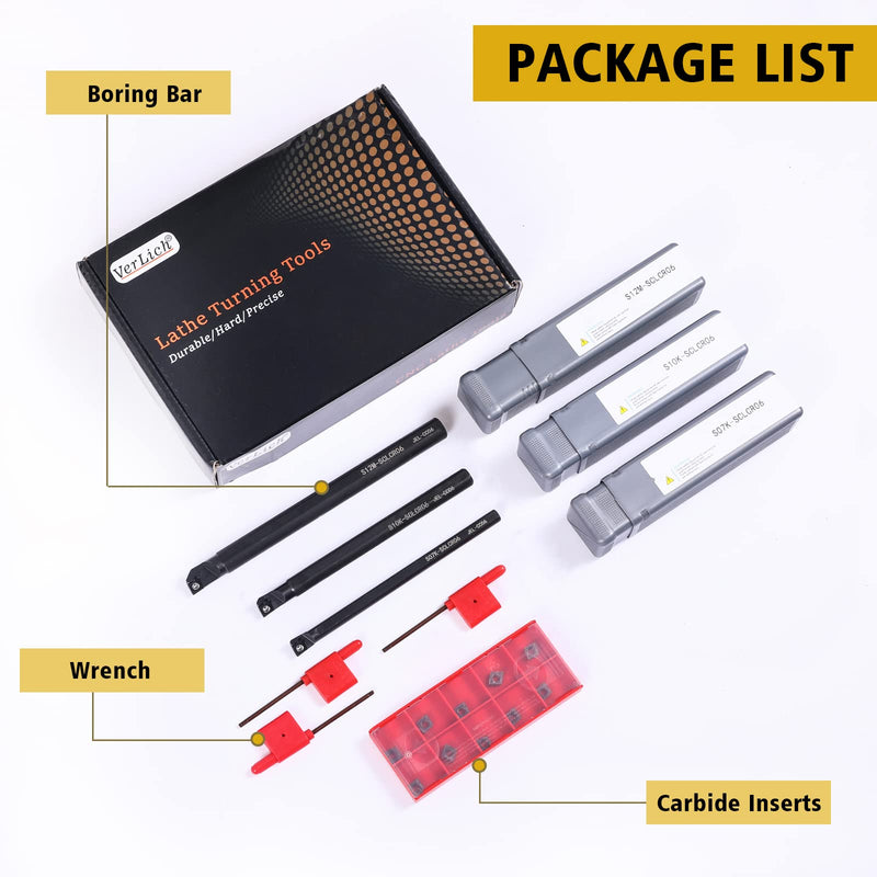 VerRich 13PCS Indexable Lathe Turning Tools Set,3 Pieces Boring Bar S07K-SCLCR06,S10K-SCLCR06,S12M-SCLCR06 Turning Tool Holder with 10pcs CCMT060204 Carbide Inserts 3PCS SCLCR06 Holders+10pcs Inserts