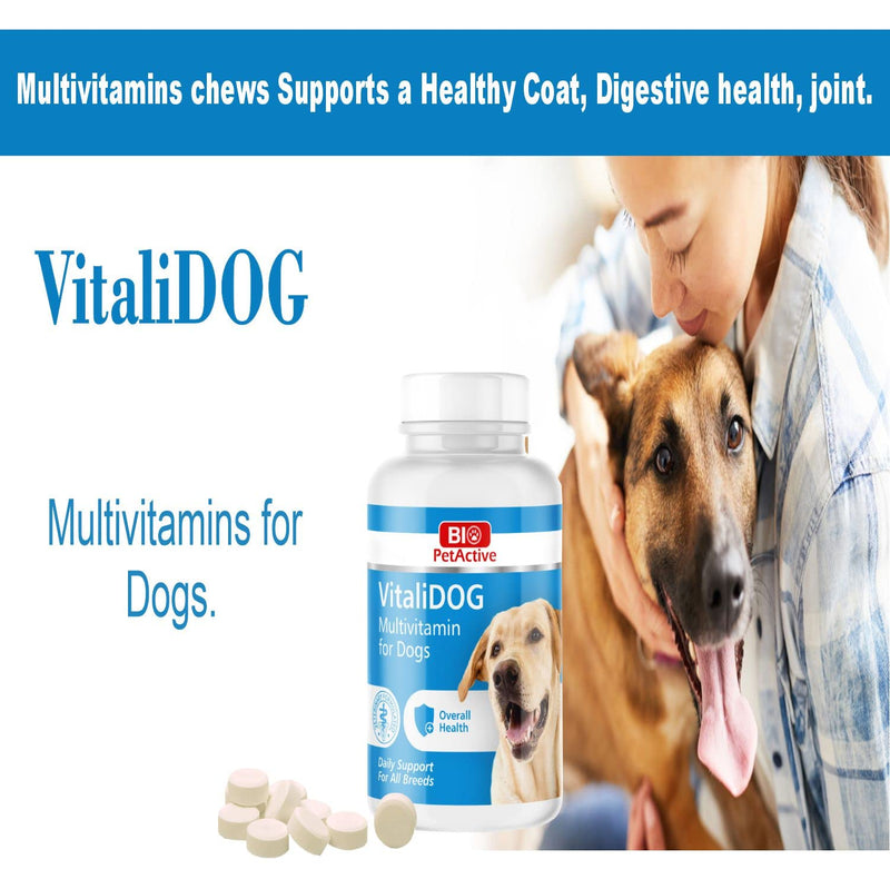 VitaliDOG Multivitamin for Dogs, Skin and Coat Supplement, Dog Prenatal Health Supplies, Vitamin A + E + B9 + B5 + H + Biotin + Amino Acids + Folic Acid for Dogs, 150 Chewable Tablets - PawsPlanet Australia