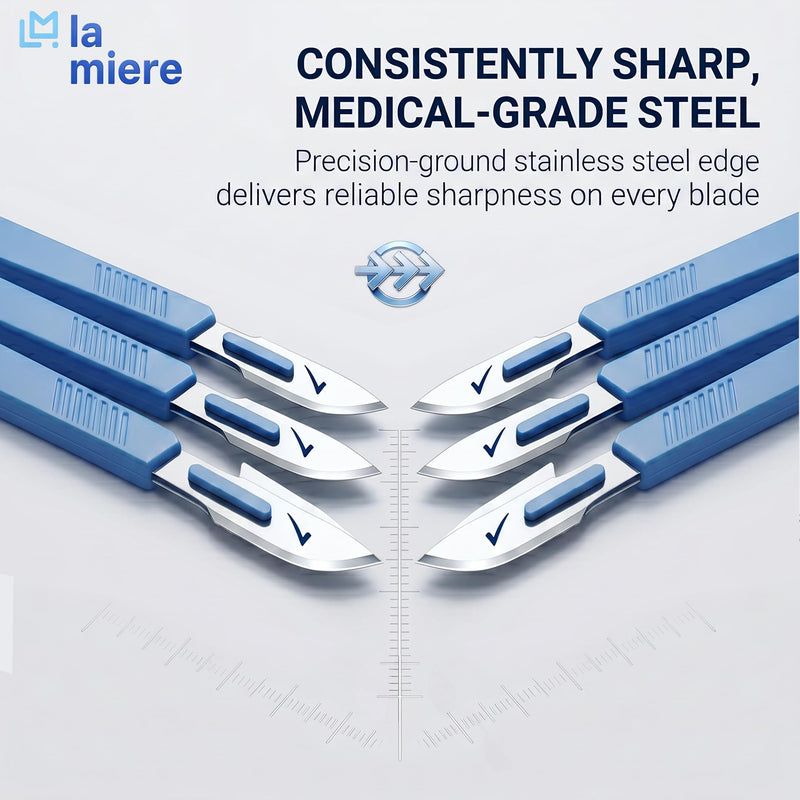 LA MIERE 10-Pack Disposable Surgical Scalpel (#22) Knives, Sterile Stainless Steel Blades, Plastic Handles, Individually Foil Wrapped #22