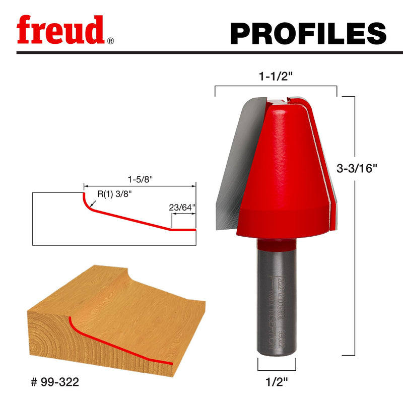 Freud 99-322: 1-1/2" (dia.) Vertical Raised Panel Bit with 1/2" shank, 3/8" large radius