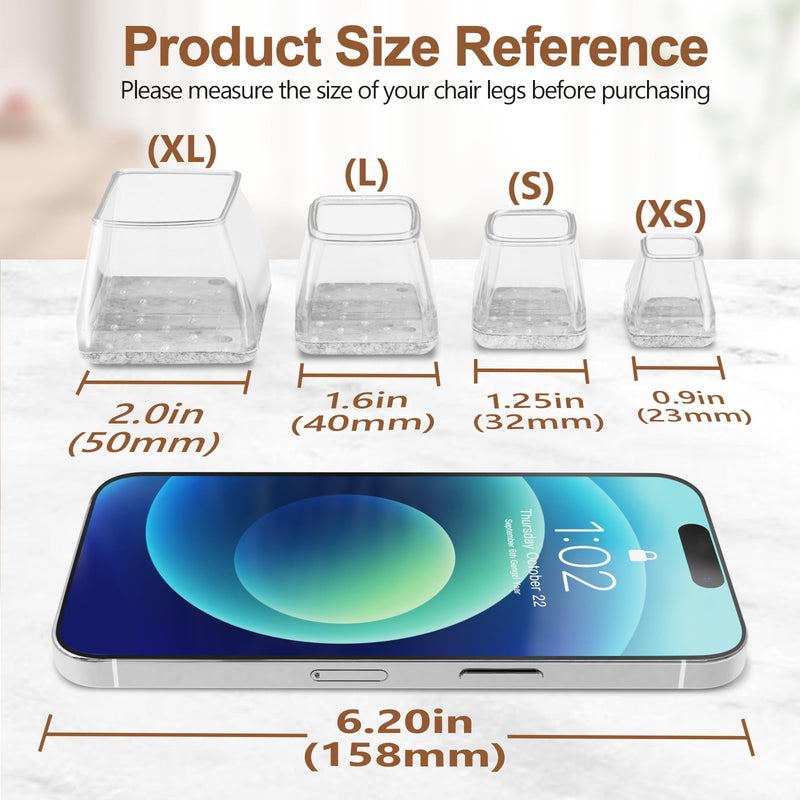 16Pcs Square Chair Leg Floor Protectors with Thickened Felt Pads Silicone Chair Leg Covers Caps to Protect Hardwood Tile Floors Furniture Feet Reduce Noise (Clear L Fit 1.14"-1.42") Clear Large