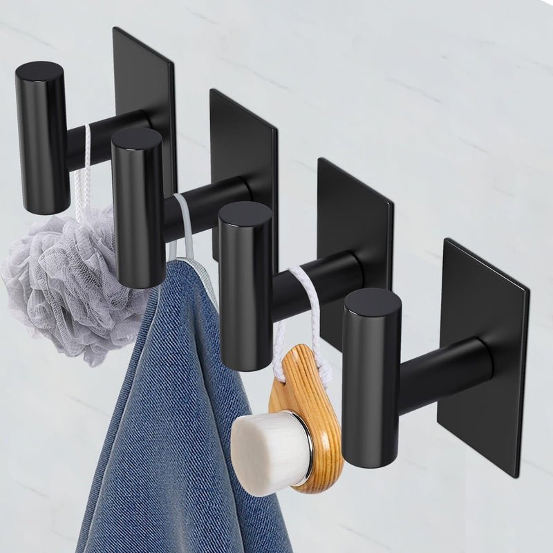 VAEHOLD Wall Towel Hooks, Heavy Duty Sticky Holder Waterproof Towel Hooks for Hanging Coat, Clothes, Closet Hook Wall Mount for Kitchen (Black, Adhesive 4 Pack) Black