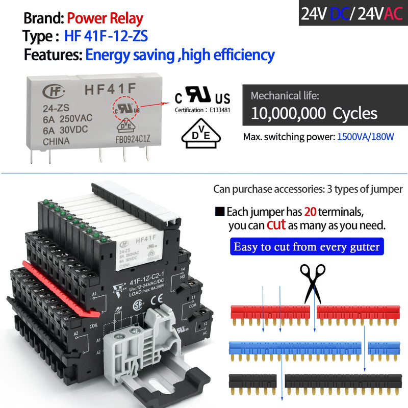 3Pcs Electromechanical Relay Black Miniature Power Relay 24VDC and 24VAC HF41F/24-ZS 6Amp SPDT with LED Light, DIN Rail, Ultra Small and Thin Socket Black Screw Socket C2 3