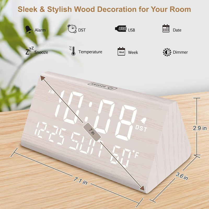 JALL Digital Alarm Clock, with Wooden Electronic LED Time Display, 3 Alarm Settings, Weekday/Weekend Mode, Temperature Detect, Wood Made Electric Clocks for Office, Bedroom, Bedside White-date