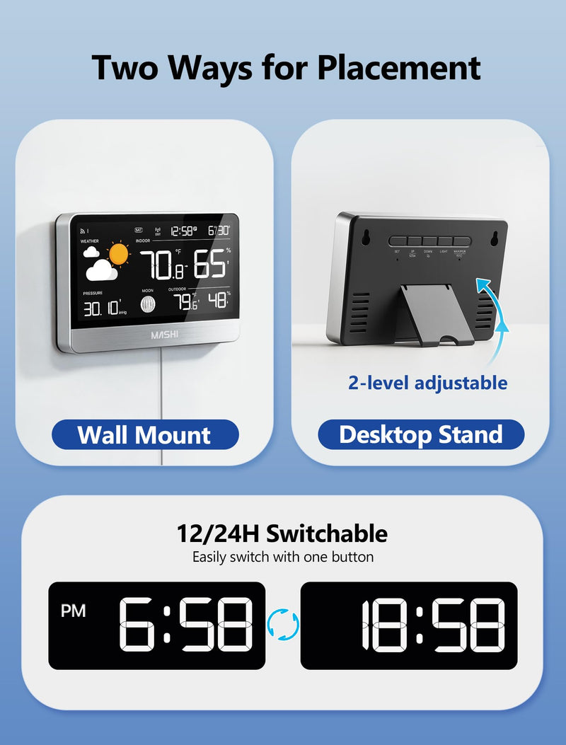 MASHI Weather Station Wireless Indoor Outdoor Thermometer, Digital Weather Thermometer with Atomic Clock,8.8" Display Home Weather Stations with Weather Forecast, 5-Level Brightness,Silver