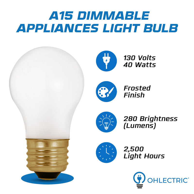 OHLECTRIC A15 Incandescent Bulbs 40 Watt (12-Pack) Small Bulb, Frosted Light Bulbs, Dimmable Bulb, 2700k Warm White, E26 Medium Base, 2500 Hours, 280 lumens, 130 Volts - Pack of 12 Bulbs
